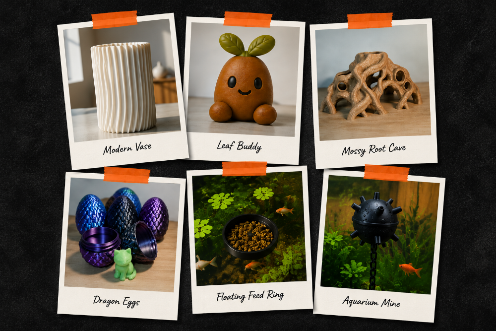 Six pet product photo cards arranged in two rows on a dark textured background. The cards show different aquarium or reptile accessories with handwritten labels: a white ribbed vase, a brown leaf-shaped figure with green leaves, a mossy root cave, purple patterned dragon eggs with a small green frog, a floating food ring, and an aquarium mine.